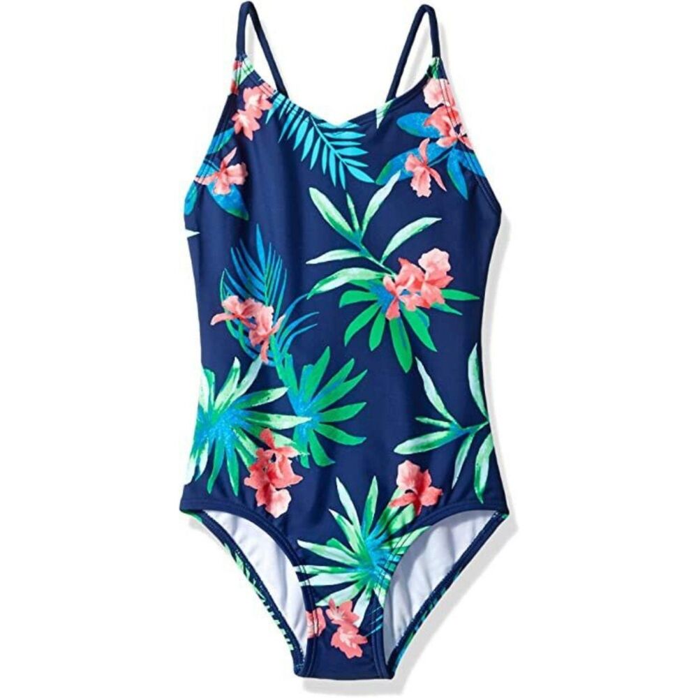 Kanu Surf Girls' Daisy Beach Sport 1-Piece Swimsuit, Leonie Floral Navy, 14